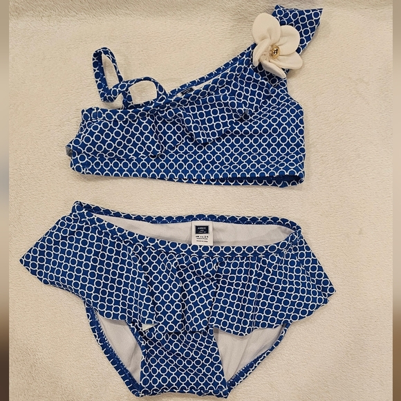 JANIE AND JACK | Blue Geometric Toddler Girl's Swim Bikini w/ Flower Accent - Picture 2 of 7
